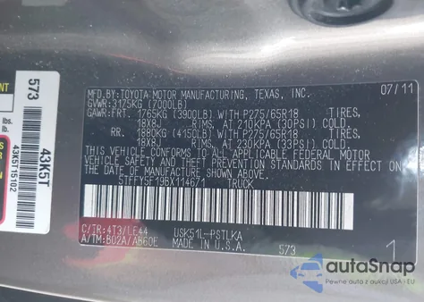 2011 Toyota Tundra Limited 5.7L V8 z USA, uszkodzony, nr VIN 5TFFY5F19BX114671